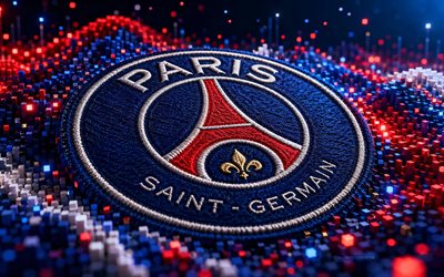 Paris Saint-Germain fabric logo, 4k, blue red 3D background, Ligue 1, soccer, Paris Saint-Germain logo, football, Paris Saint-Germain emblem, Paris Saint-Germain, PSG, french football club, Paris Saint-Germain FC