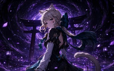 4k, lynette, karanlık, torii kapıları, genshin etkisi, menekşe parıltısı, anime karakterleri, lynn, netti, lina, genshin etkisi karakterleri, lynette genshin etkisi