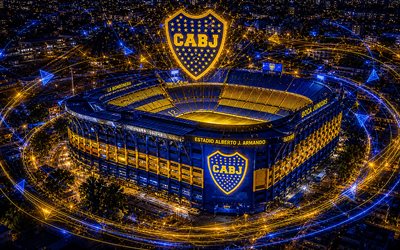 la bombonera, 4k, estadio alberto josé armando, la caja de chocolates, boca juniors, noche, líneas de luz azul y amarilla, estadio la bombonera, estadio boca juniors, emblema de boca juniors, la boca, buenos aires, argentina