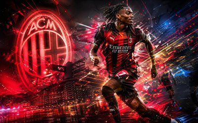 Rafael Leao, AC Milan, fan art, red black abstract digital background, Rafael Leao AC Milan, creative art, AC Milan logo, Rafael Leao Milan, football, Milan