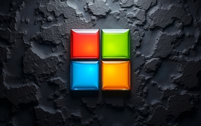 logotipo 3d de microsoft, 4k, fondo de piedra negra, arte grunge, logotipo de microsoft, logotipo de windows 11, microsoft, ventanas 11, logotipo de windows, signo de ventanas, fondo de pared negro