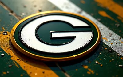 Green Bay Packers metal logo, 4k, green yellow white metal background, Green Bay Packers logo, Green Bay Packers emblem, USA, Green Bay Packers, American football, NFL