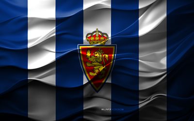 4k, Real Zaragoza logo, blue white 3D background, Real Zaragoza emblem, Segunda Division, Spanish football team, Real Zaragoza flag, 3D texture, Real Zaragoza, football, Spain