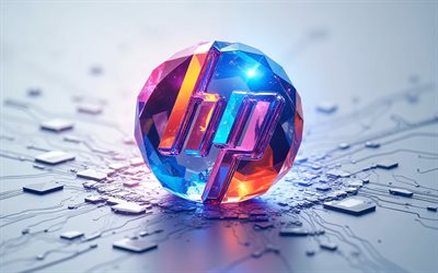 logotipo brilhante multicolorido hp 3d, 4k, sinal multicolorido hp, logotipo da hp, emblema multicolorido hp, hp, fundo de tecnologia cinza, logotipo da hewlett packard, hewlett packard
