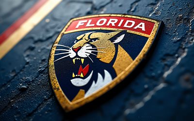 logo en métal des panthers de la floride, 4k, fond en métal bleu, lnh, logo des panthers de la floride, art du métal, emblème des panthers de la floride, usa, panthères de floride, hockey