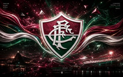 Fluminense FC, 4k, Brazilian football club, Fluminense FC logo, football art, burgundy green abstract background, Fluminense FC emblem, Brazilian Serie A, football, Brazil, Fluminense