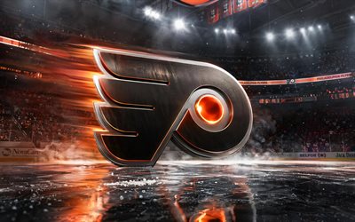 4k, logo métallique des flyers de philadelphie, projecteurs, patinoire, lnh, créatif, hockey, logo des flyers de philadelphie, stade de hockey, logo 3d des flyers de philadelphie, équipe américaine de hockey, flyers de philadelphie