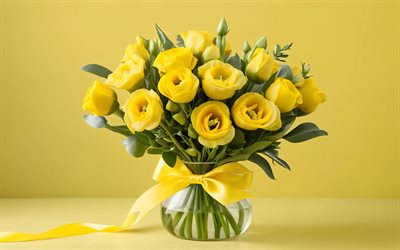 4k, yellow eustoma, minimalism, glass vase, bouquet of eustoma, beautiful flowers, background with eustoma, yellow flowers, eustoma
