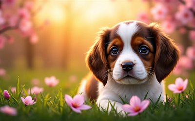 4k, chiot cavalier king charles spaniel, coucher de soleil, printemps, fleur de cerisier, chiens, animaux mignons, chiots, animaux de compagnie, cavalier king charles spaniel, bokeh, fleurs de printemps, chien cavalier king charles spaniel