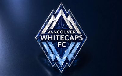 logo en cristal des whitecaps de vancouver, fond en métal bleu, logo des whitecaps de vancouver, pierres précieuses, panneau en cristal des whitecaps fc de vancouver, mls, usa, football, whitecaps de vancouver