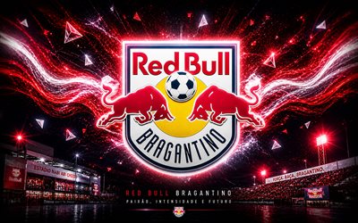 Red Bull Bragantino, 4k, Brazilian football club, Red Bull Bragantino logo, football art, red abstract background, Red Bull Bragantino emblem, Brazilian Serie A, football, Brazil, RB Bragantino