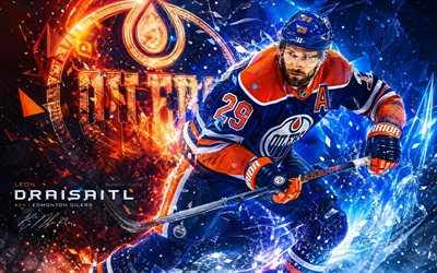 leon draisaitl, 4k, fondo digital azul naranja, engrasadores de edmonton, nhl, hockey, león draisaitl 4k, logotipo de león draisaitl, fan art, león draisaitl edmonton oilers