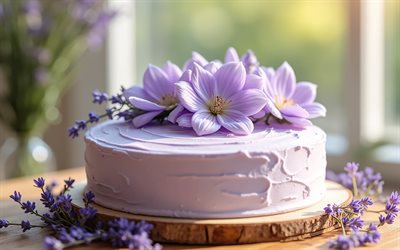 pastel de flores moradas, 4k, pasteles de primavera, lavanda, idea de pastel de primavera, dulces, hornada, pasteles, primavera, pastel de lavanda