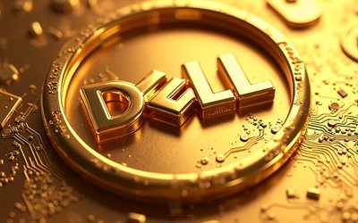 logotipo metálico dourado da dell, 4k, emblema da dell, logotipo da dell, logotipo de metal dourado da dell, emblema dourado da dell, sinal da dell, dell, fundo de tecnologia de ouro