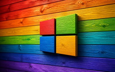 Windows 10 wooden logo, 4k, minimalism, rainbow wooden background, Colorful Windows 10 logo, creative, Windows 10 3D logo, OS brands, Windows 10 logo, Windows 10