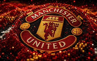 logotipo de tela del manchester united, 4k, fondo 3d amarillo rojo, primera división, fútbol, logotipo del manchester united, fútbol americano, emblema del manchester unido, manchester unido, club de fútbol inglés, manchester united fc