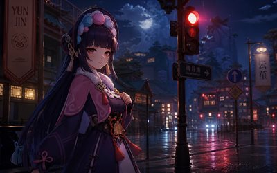 yunjin, 4k, rua, semáforos, impacto genshin, noite, personagens de anime, olhos vermelhos, personagens do impacto genshin, impacto yun jin genshin