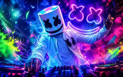 dj marshmello, 4k, nachtclub, leuchtende maske, bunte neonlichter, christopher comstock, musikstars, beliebte sänger, amerikanischer dj, superstars, marshmello, djs, marshmello 4k