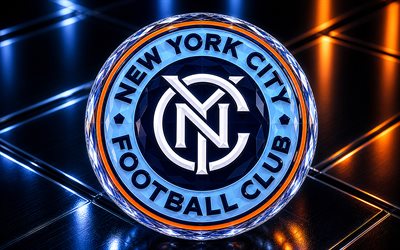 logo en cristal du new york city fc, fond en métal bleu, emblème du new york city fc, logo du new york city fc, pierres précieuses, mls, usa, football, new york city fc, logo du nycfc, nycfc, la ville de new york