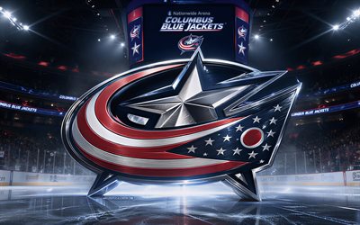 4k, logo en métal des blue jackets de columbus, projecteurs, patinoire, lnh, créatif, hockey, logo des blue jackets de columbus, stade de hockey, logo 3d des blue jackets de columbus, équipe américaine de hockey, vestes bleues de columbus