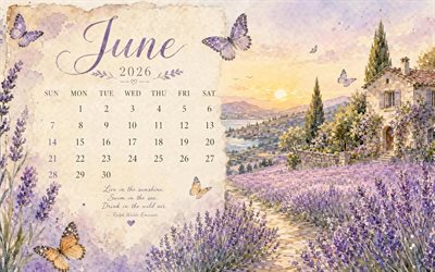 4k, calendrier de juin 2026, aquarelle, paysage, juin 2026, calendriers d'été, été, calendriers de juin, calendriers 2026, juin