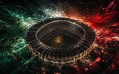 stade banorte, mexico, stade azteca, vue aérienne, lignes abstraites rouges et vertes, drapeau du mexique, stades de la coupe du monde 2026, mexique, stade du club américa
