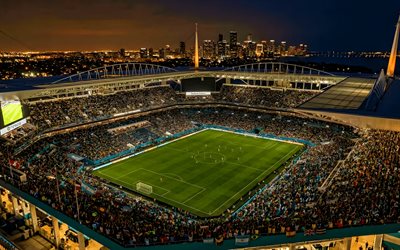stade hard rock, 4k, nuit, stades de la coupe du monde de la fifa 2026, terrain de football américain, football, stade des dolphins de miami, nfl, stade de football américain, jardins de miami, floride, dauphins de miami