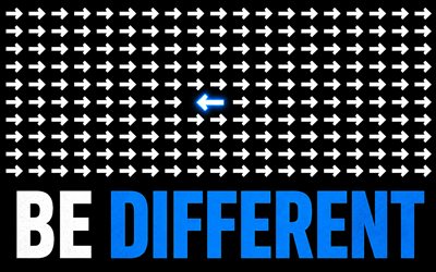 soyez différent, 4k, flèche 3d bleue, créatif, soyez des concepts différents, obscurité, modèles de flèches, soyez une inscription différente, oeuvre d'art, soyez un art différent