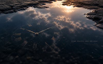 die zeit wartet auf niemanden, 4k, spiegelung, uhr in einer pfütze, zifferblatt, zitate über die zeit, die zeit wartet auf niemanden konzepte, motivierende zitate