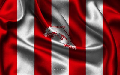 4k, Dolphins logo, Australian rugby team, NRL, red white silk fabric, National Rugby League, Dolphins emblem, Dolphins, Australia, rugby, Dolphins sign