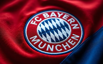 logo 3d du fc bayern munich, fond de tissu bleu rouge, emblème en soie du fc bayern munich, logo du fc bayern munich, allemagne, football, fc bayern munich, logo du bayern munich, bayern munich