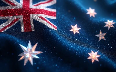 bandera australiana, 4k, piedras preciosas, bandera de australia, cristales, piedras brillantes, australia, arte creativo, piedras preciosas azules, cristales azules