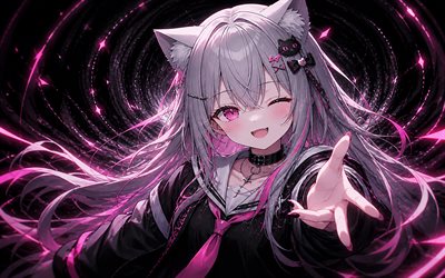 neneko mashiro, 4k, néons roses, youtubeur virtuel, crépuscule, oeuvre d'art, vtuber, fille aux yeux bleus, neneko mashiro stellive, mangas, chaîne stellive, youtubeur virtuel stellive