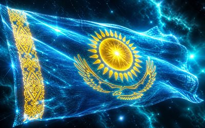 4k, drapeau lumineux du kazakhstan, bokeh, drapeau du kazakhstan, jour du kazakhstan, art 3d, drapeau kazakh, drapeau néon du kazakhstan, drapeau du kazakhstan vagues néon, drapeau 3d du kazakhstan, drapeau abstrait du kazakhstan, kazakhstan