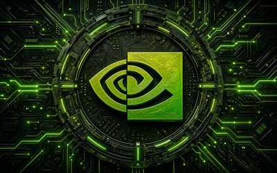 logo nvidia 3d, 4k, fond sombre de haute technologie, éblouissement vert, conducteurs, marques d'électronique, créatif, logo nvidia sur microcircuit, marques, logo lumineux nvidia, oeuvre d'art, logo nvidia, nvidia