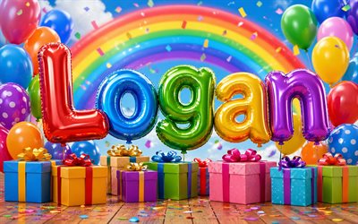 4k, لوغان عيد ميلاد سعيد, رسائل balloons الملونة, قوس قزح, اسم لوغان, علب الهدايا الملونة, عيد ميلاد لوغان, بالونات ثلاثية الأبعاد, أسماء الذكور الأمريكية الشعبية, عيد ميلاد سعيد لوغان, صورة باسم لوغان, لوغان