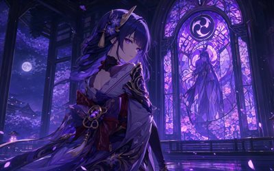 雷電将軍, 4k, ステンドグラスの窓, 夜, 原神, 通り, 紫色のネオンサイン, アニメのキャラクター, 原神の登場人物, 雷電将軍 原神