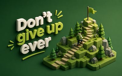 gib niemals auf, 4k, isometrische kunst, grüner hintergrund, motivierende zitate, gib niemals konzepte auf, 3d kunst, inspiration