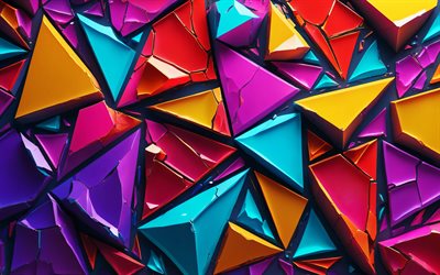 figures colorées, 4k, oeuvre d'art, formes géométriques, fragments 3d colorés, motif géométrique fragmenté, créatif, fond 3d coloré, fond abstrait coloré, formes, arrière plans 3d