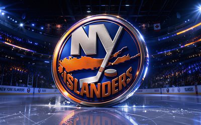 4k, New York Islanders metal logo, spotlights, ice arena, NHL, creative, hockey, New York Islanders logo, hockey stadium, New York Islanders 3D logo, american hockey team, New York Islanders
