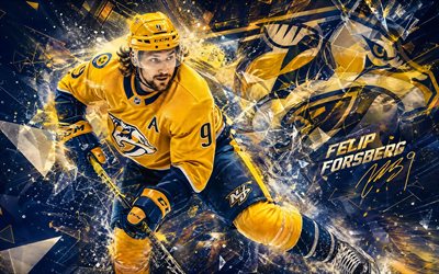 filip forsberg depredadores de nashville, 4k, fondo digital amarillo azul, depredadores de nashville, nhl, hockey, filip forsberg 4k, logotipo de los depredadores de nashville, fan art