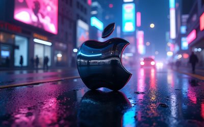 logo apple en métal, 4k, rue, cyberpunk, nuit, bokeh, logo apple en 3d, oeuvre d'art, logo pomme, marques d'électronique, pomme