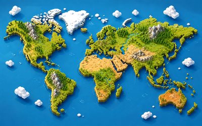 等角投影世界地図, 4k, 風景のある 3d 世界地図, 世界地図の概念, 創造的な3d世界地図, アイソメトリックアート, クリエイティブアート, 世界地図