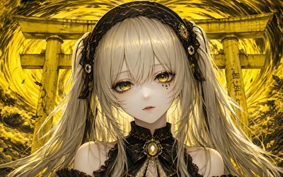 mayu, 4k, portes torii, fond abstrait jaune, vocaloïde, oeuvre d'art, vocaloïde3, personnages vocaloïdes, mangas, vocaloïde mayu