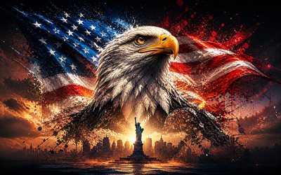 4k, pygargue à tête blanche, drapeau américain, new york, fond noir, statue de la liberté, drapeau des états unis, oiseaux de proie, art du pygargue à tête blanche, 4 juillet, oeuvre d'art, aigles, usa, quatrième juillet, symbole des états unis