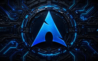 logo 3d d'arch linux, 4k, fond sombre de haute technologie, éblouissement bleu, conducteurs, marques d'électronique, créatif, logo arch linux sur microcircuit, marques, logo lumineux arch linux, oeuvre d'art, logo arch linux, arch linux