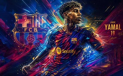4k, lamina yamal, arte abstracto, fc barcelona, la liga, futbolistas españoles, lamina yamal 4k, logotipo del fc barcelona, fan art, fondo azul violeta, fútbol americano, fútbol, laliga, barcelona, fcb, lamine yamal barcelona