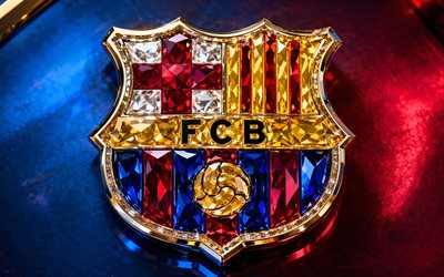 logotipo de cristal del fc barcelona, fondo de metal azul burdeos, emblema del fc barcelona, logotipo del fc barcelona, letrero de cristal del fc barcelona, la liga, españa, fútbol americano, fc barcelona, logotipo de barcelona, barcelona