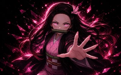 竈門禰豆子, 4k, ピンクの結晶, 暗闇, 鬼滅の刃, 着物, 主人公, 鬼滅の刃きめつのやいば, 緑の竹のギャグ, マンガ, デーモンハンター, 竈門禰豆子 鬼滅の刃
