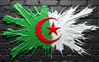 4k, Algeria flag, creative, black brickwall, paint art, Algerian flag, paint splashes, flag of Algeria, artwork, Africa, Algerian national symbols, Algeria 3D flag, Algeria